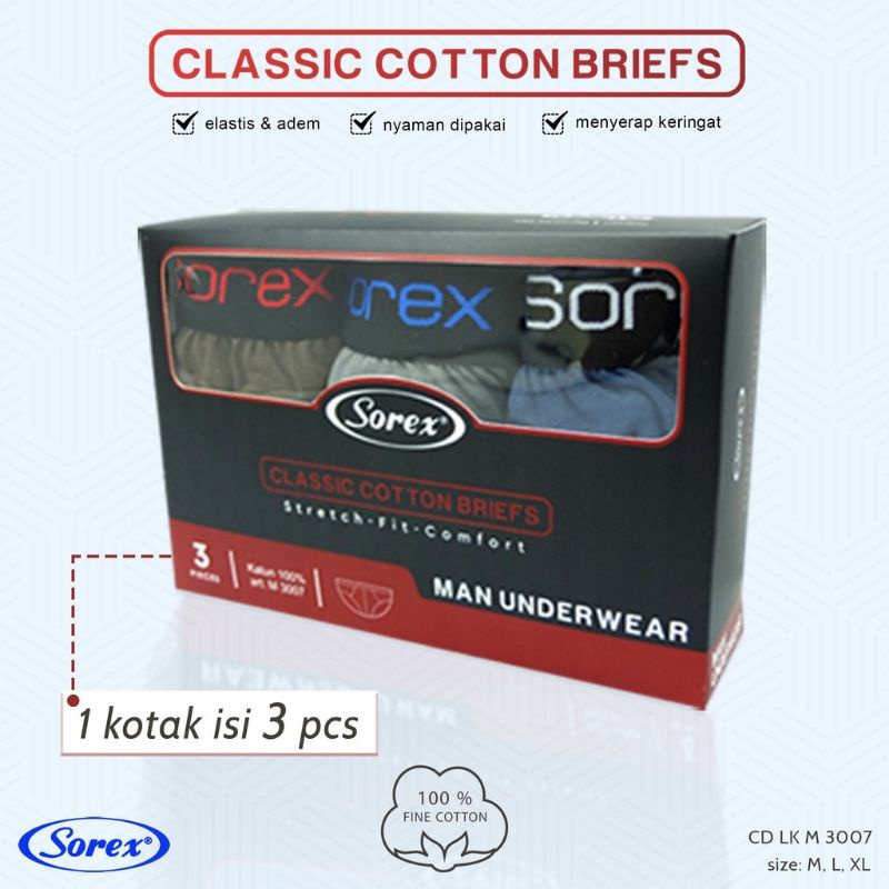 K219T - (HARGA PER 3 Pcs) CELANA DALAM PRIA CD PRIA PAKAIAN DALAM SOREX CLASSIC COTTON BRIEFS SIZE S - XL