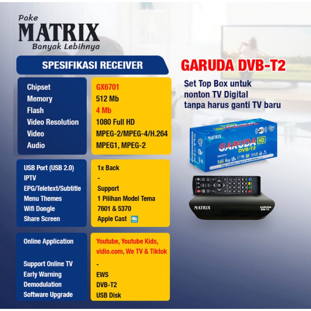 Set Top Box Tv Digital Matrix DVB T2 Apple Merah dan Garuda Biru(Bisa untuk TV Tabung/LED)/Set Top Box TV Digital Matrix Garuda Biru Apple DVB T2 Full HD
