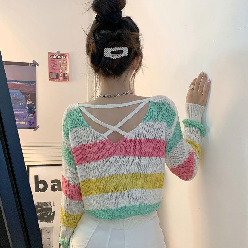 Musim Semi dan Musim Gugur 2022 Desain Retro Baru Rasa V-Leher Palang Pusar Warna Rajutan Sweater Lengan Panjang Pendek Wanita Pasang Atas