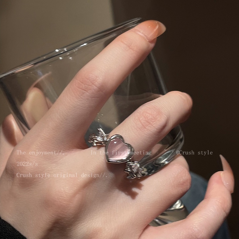 IFYOU Cincin Silver Hias Batu Opal Pink Gaya Vintage Untuk Wanita