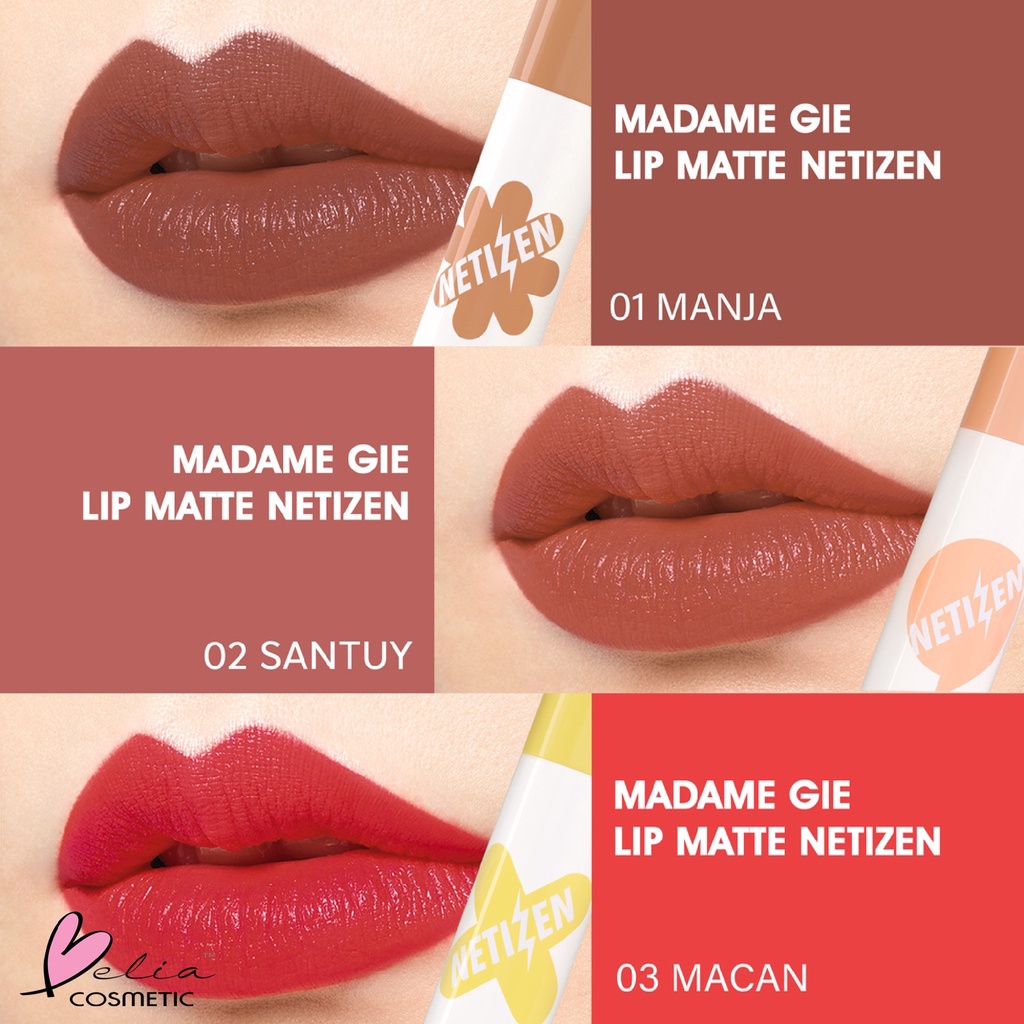 ❤ BELIA ❤ MADAME GIE +𝟲𝟮 Lip Matte Make Up Lipstick | Netizen Lip Matte | Maskara Hitam | Bening | Clear Mascara | Waterproof | Lip Cream lipcream +62 2mL Jakarta Bali Medan Madamegie Gisella