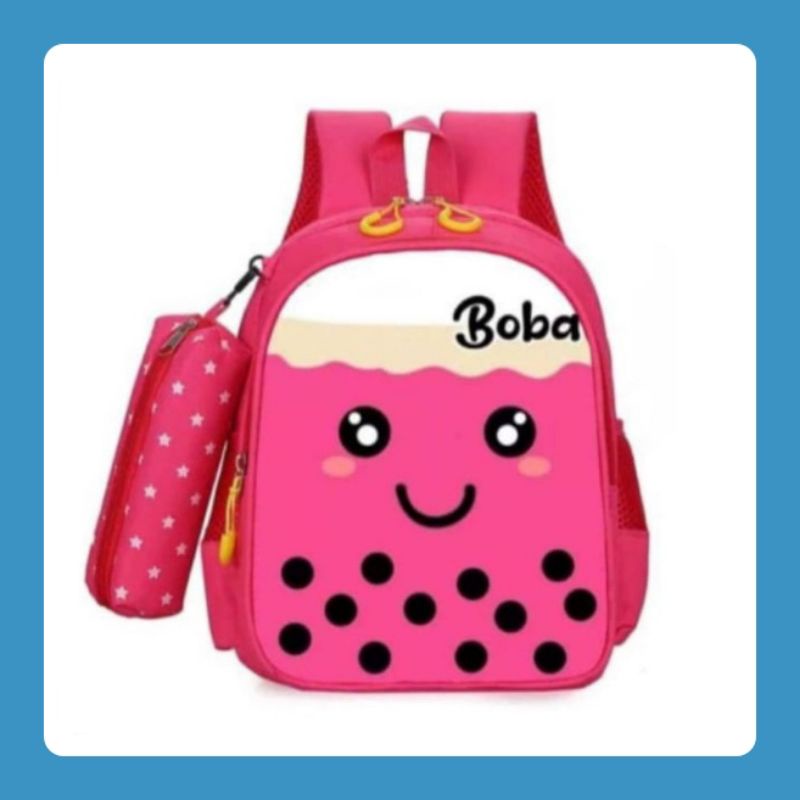 EMOEMO-Tas Boba-Tas Ransel Anak Sekolah Unisex Untuk TK dan SD Karakter Motif BOBA Fashion Trend Kekinian + FREE Tempat Pencil