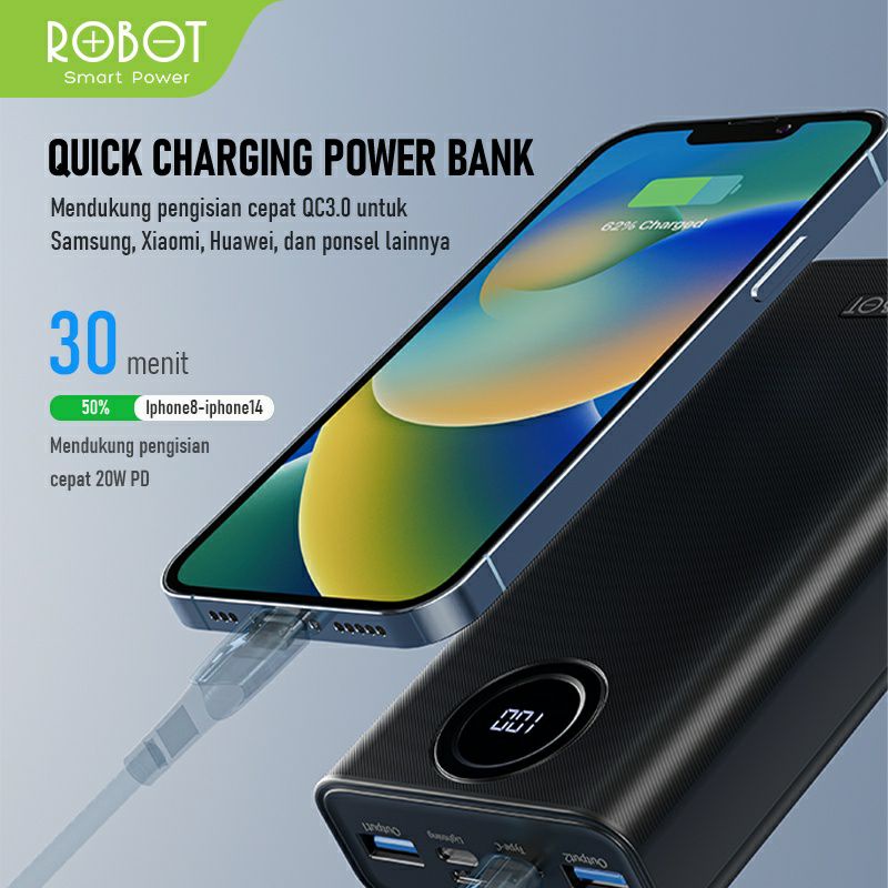 Powerbank Robot RT23 20000mAh LED PD QC3.0 3 Output USB-A &amp; USB-C Original