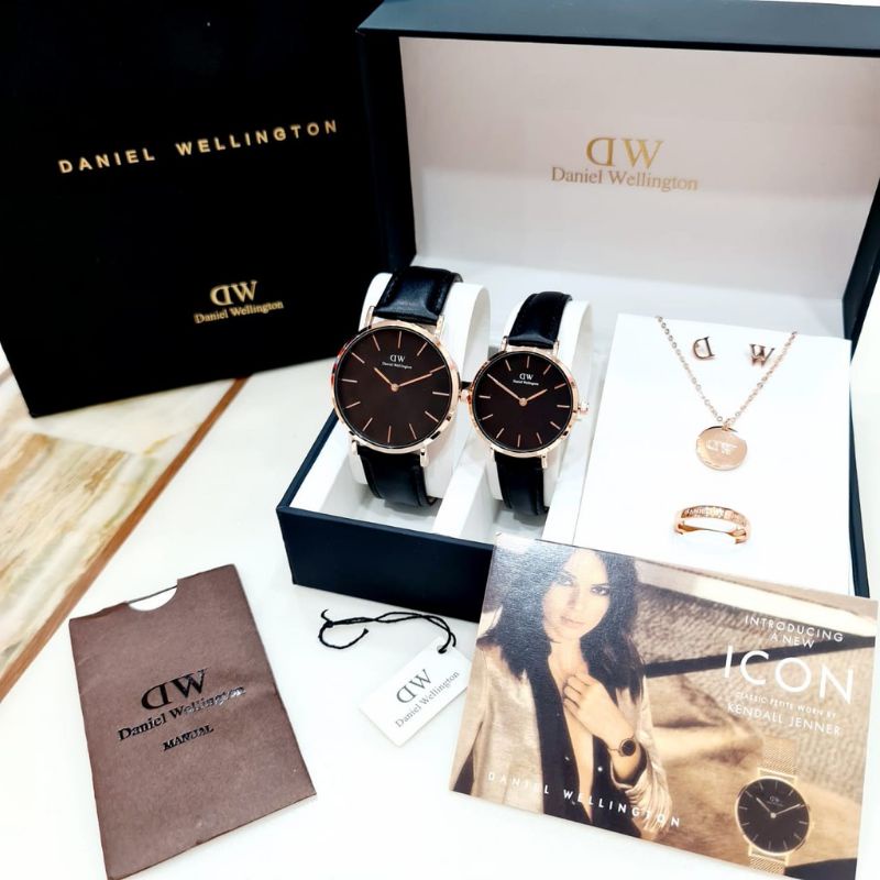 Jam Tangan Fulset Couple Tali Kulit Kulaitas premium Free Kalung, Cincin, Anting, Paper Bag, Box, Bu