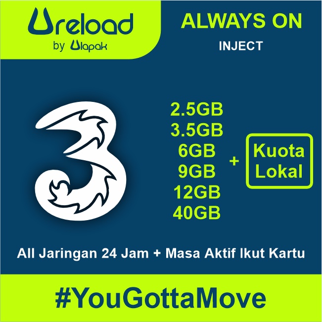 Kuota Data Tri AON Inject 2,5GB 3,5GB 6GB 9GB 12GB 40GB