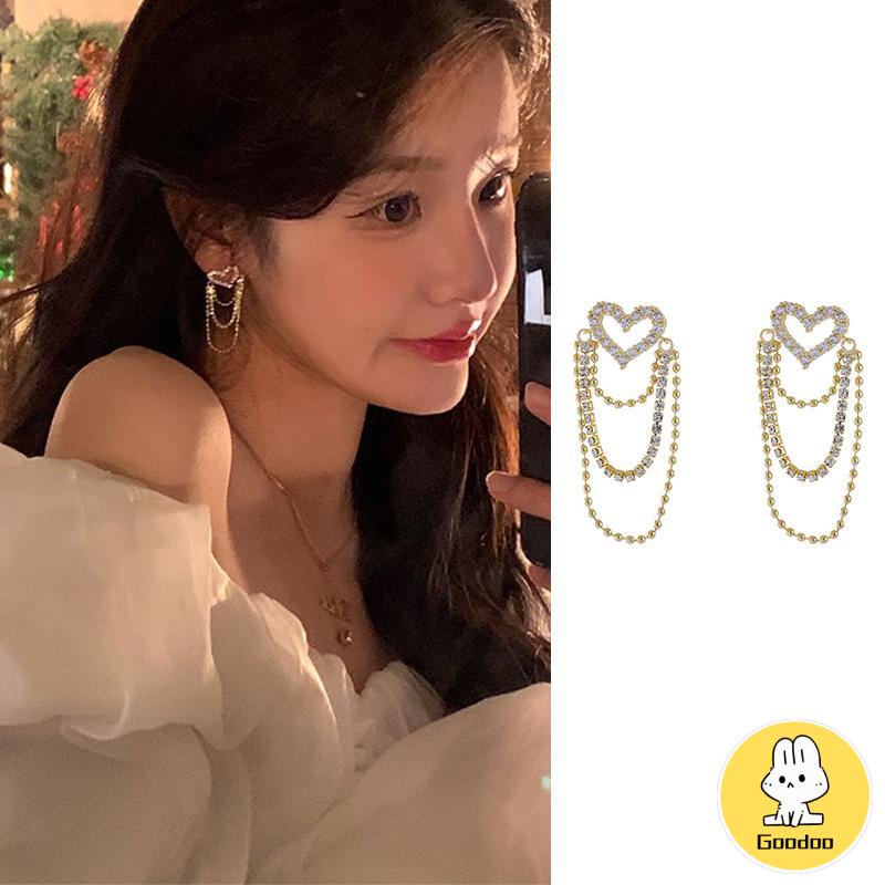 Anting rumbai Korea Rhinestone Berbentuk Hati Earrings Anting Tindik Perhiasan Wanita Fashion Murah Hadiah Perhiasan -Doo