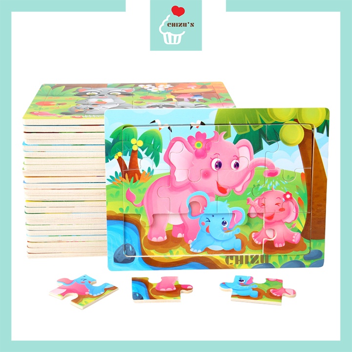 12 Pcs Wooden Jigsaw Puzzle | Puzzle Kayu Background 12 Keping | Puzzel 12pcs Hewan Binatang Dinosaurus Kendaraan Transportasi Kartun Lucu | Mainan Edukatif Edukasi Anak Balita Murah