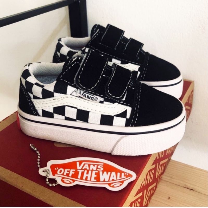 SEPATU VANS IMPOR KIDS JUNIOR VELCRO Checkerboard BLACK WHITE HITAM KADO ANAK KECIL TK SD COWOK CEWEK SEKOLAH SD