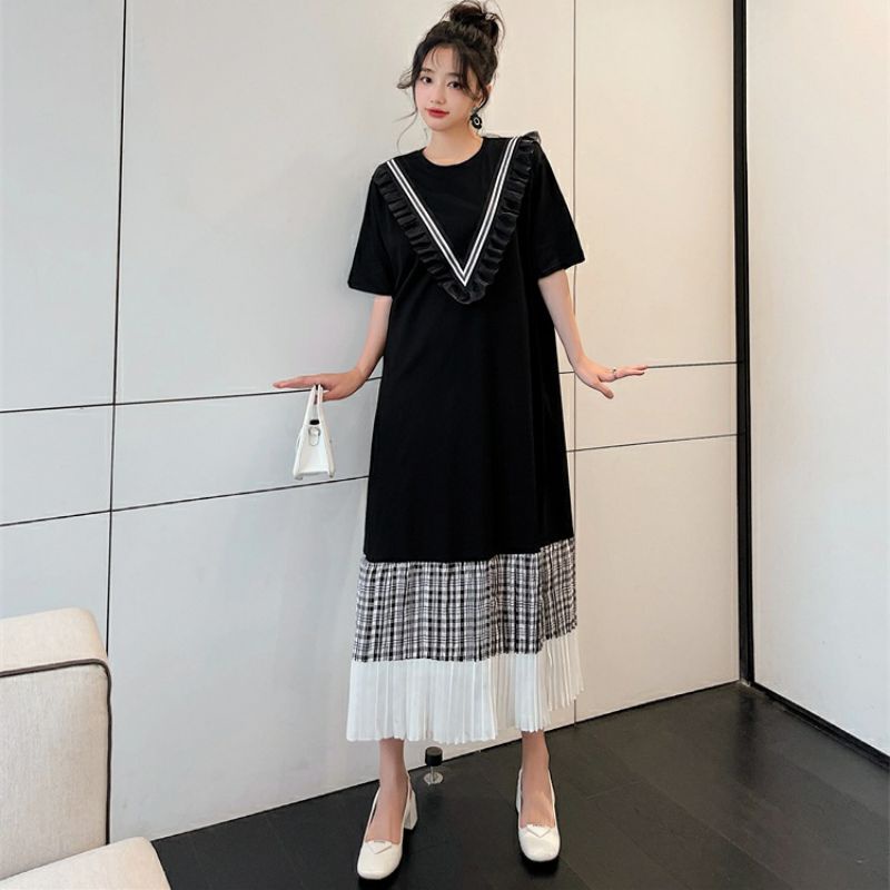 82210 Fashion Baju Midi dress lengan pendek hitam mixkotak plisket rempel rufel Ruffle Realpic terla
