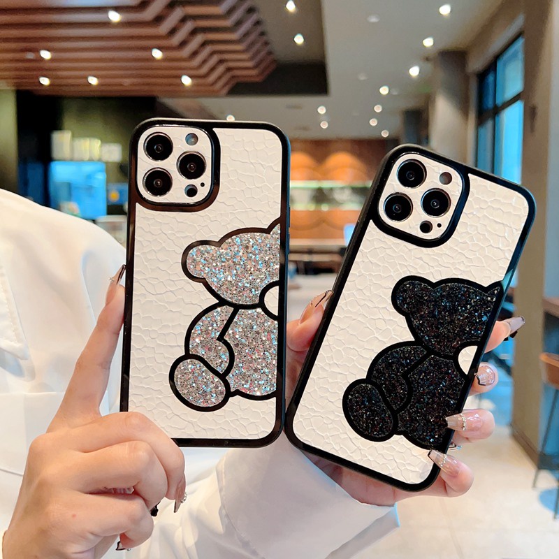 IPHONE Casing Hp Keras Beruang Pelindung Layar Penuh Bahan Kulit Berkilau Untuk Iphone 14Plus 14+ IP X Xr Xs Max Casing Iphone 11 12 13 14 Pro Max Handphone Cover Shock Resistant