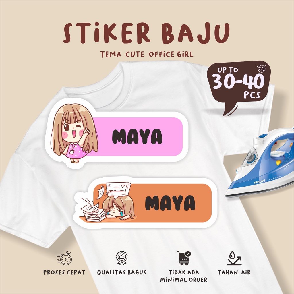 

(30-40pcs)Murahh cetak Stiker Kain Label Baju Nama Anak edisiCUTE OFFICE GIRL / Sablon Setrika Name /Label Sticker Iron on sti