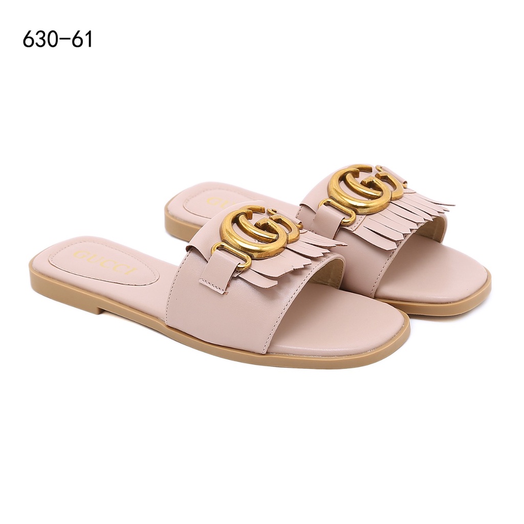 GC Fringe Leather Double-G Slide Sandals 630-61