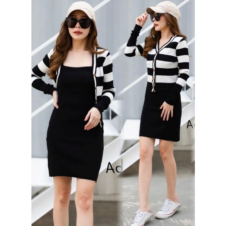 Dress Hhalayy + Cardi - Casual Dress Wanita - Mini Dress Terbaru - Dress Rajut Perempuan
