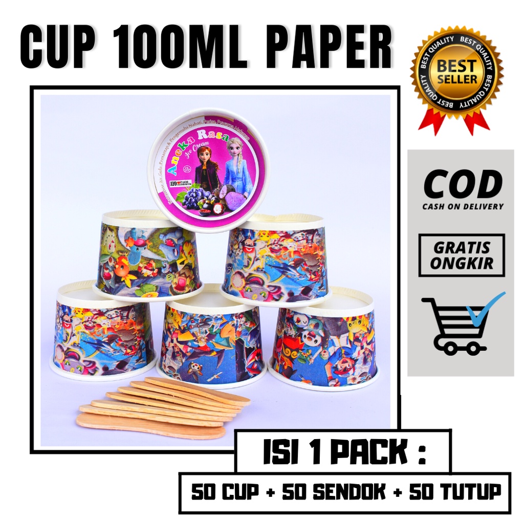 Paper Cup Es Krim 100ml Wadah Es Cream Karakter Cap Ice Crem Kertas Murah Lengkap Tutup Sendok