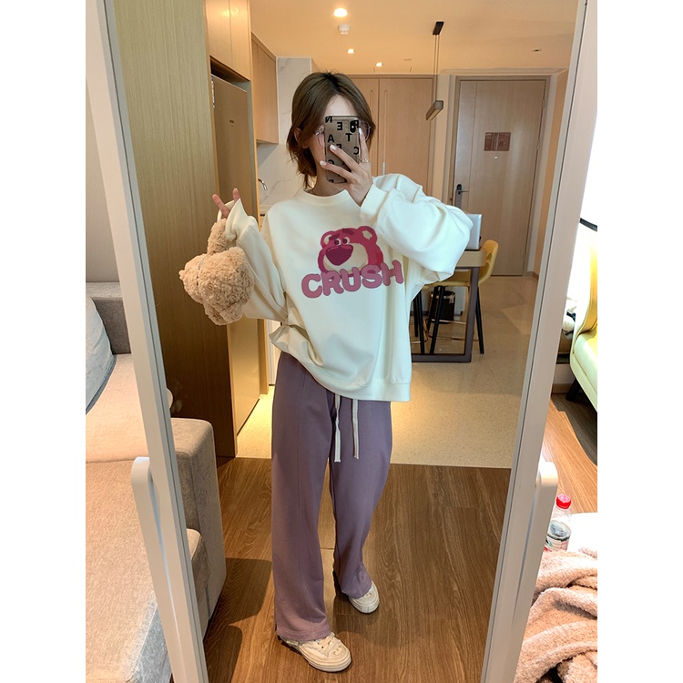 EUNII Sweater Lengan Panjang Cute Strawberry Bear Korean Style/Hoodie Oversize/Baju Wanita/Switer Wanita