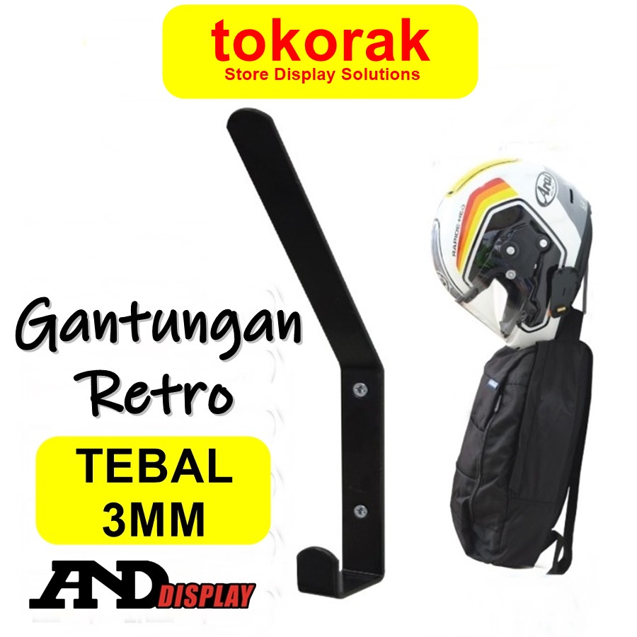 GANTUNGAN HELM RETRO DINDING HITAM HOOK KAPSTOK CANTOLAN TAS BAJU ANDDISPLAY