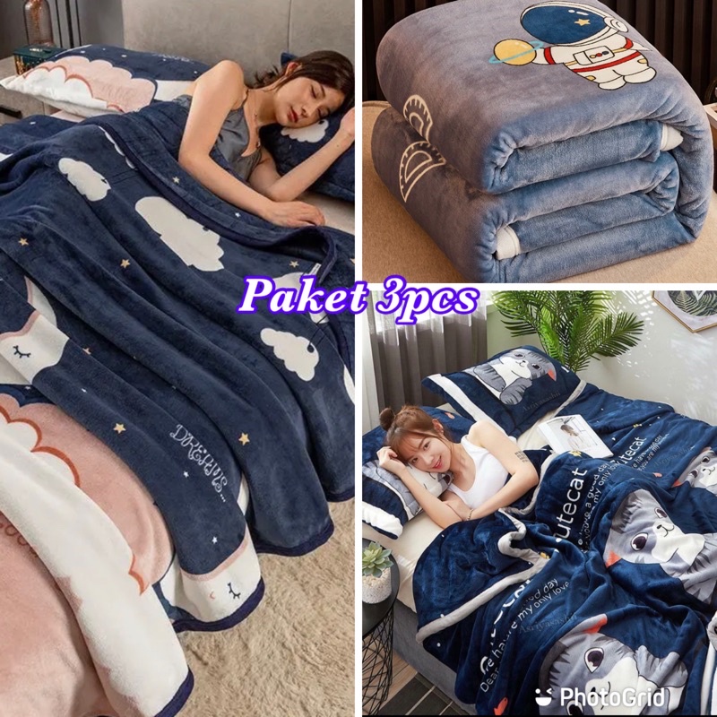 12.12 Promo Paket Hemat 3Pcs Selimut Bulu dewasa Motif Terbaru