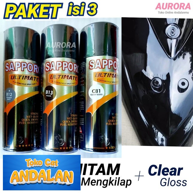 

Toko Andalan - Paket Sapporo Ultimate Black B13 + Epoxy B12 + Clear C81 / Hitam Mengkilap Cat Semprot Primer Pilok Pylox Pilox 400ml Saporo