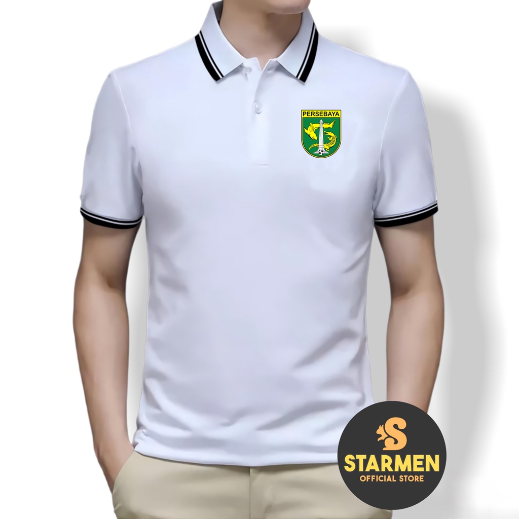 Kaos Polo Shirt Pria Kerah List Putih logo PERSEBAYA