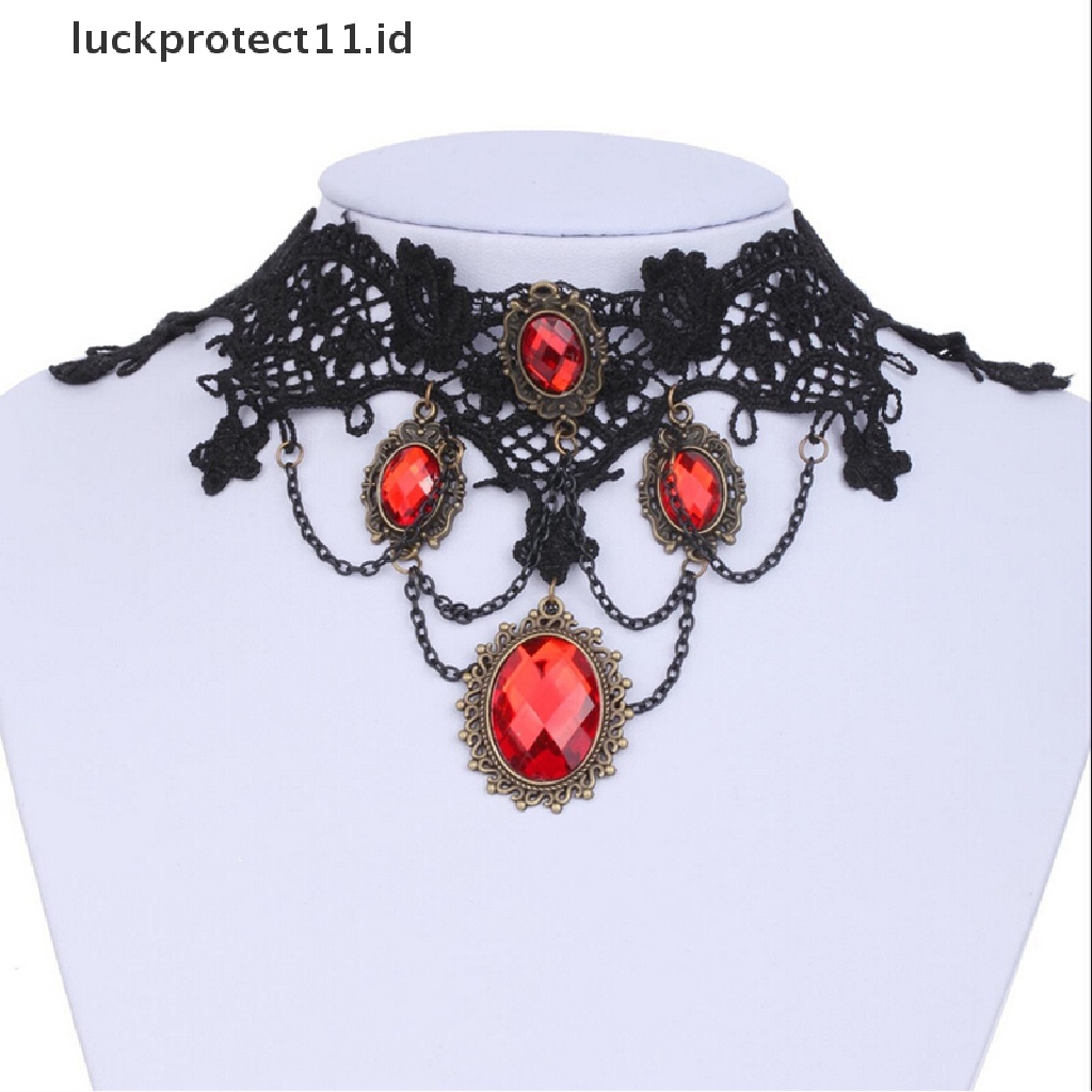 Kalung Choker Lace Hitam Aksen Kristal Merah Untuk Wanita