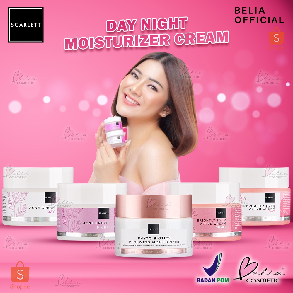❤ BELIA ❤ SCARLETT Whitening Day Night Cream Series | Moisturizer | Glowing Mencerahkan | Krim Wajah | Pelembab Wajah | BPOM