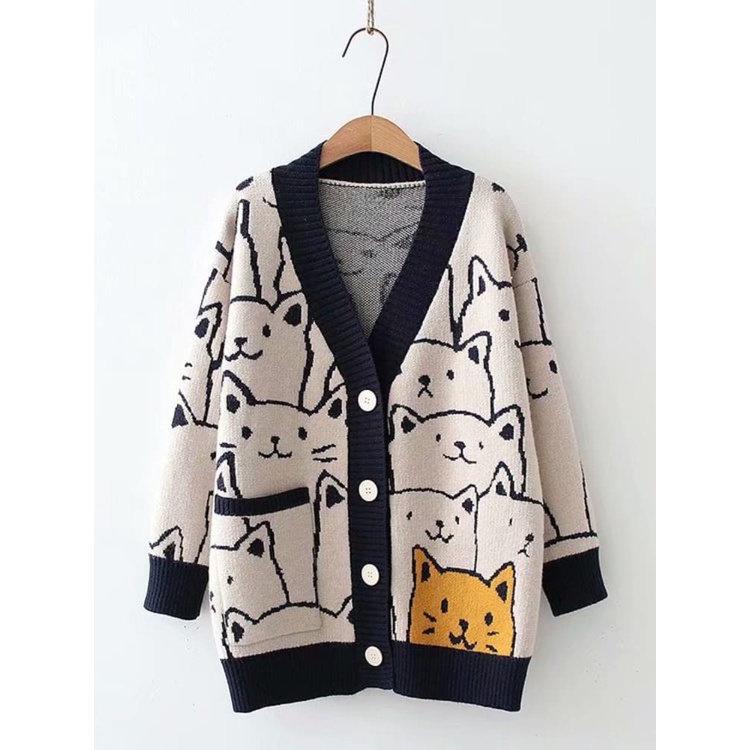 Harajuku Cardigan Cartoon Cat Rajut Knit Outer Premium Tebal