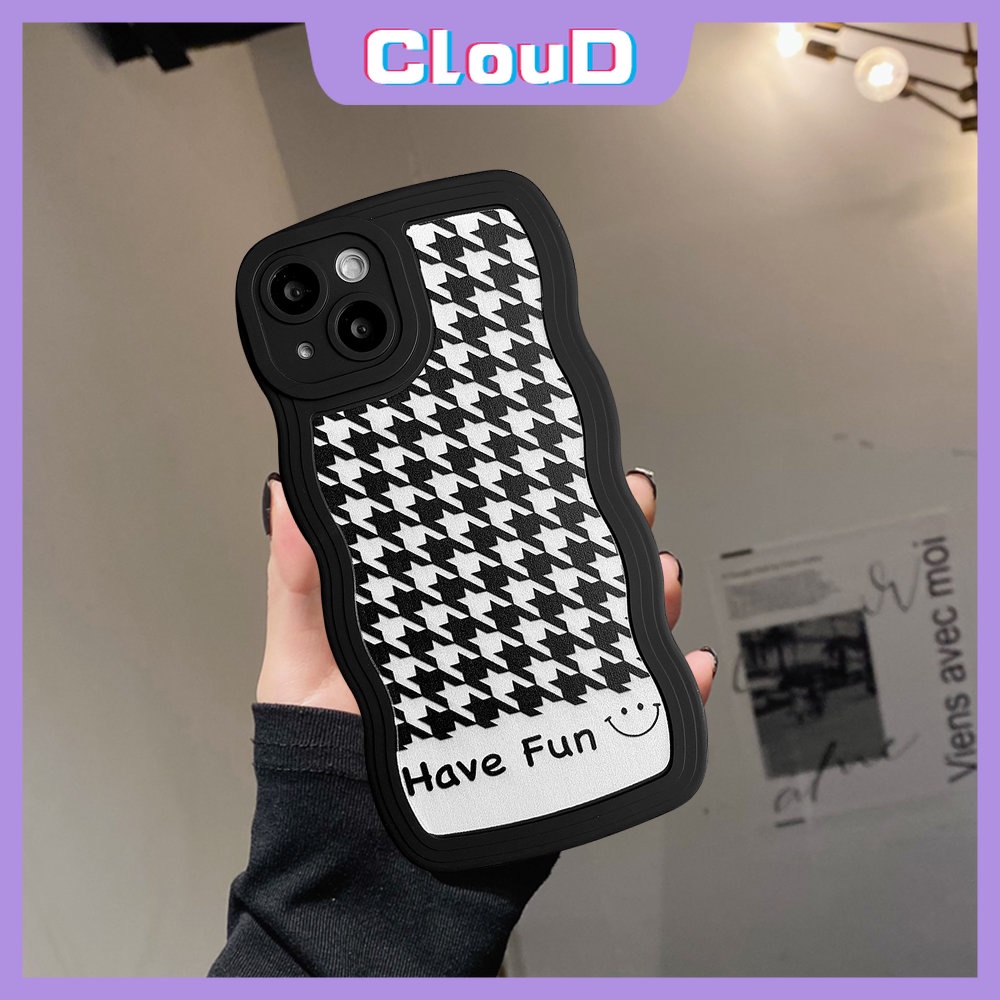 Casing Cute Smiley Soft Tpu Case Redmi Note11 11s 9pro 9s 10s 10 Note 11 10 Pro Max Plus Note8 Note9 Redmi A1 9 10 9T 10A 10C 9A 9C NFC Motif Houndstooth Wavy Edge Black Cover