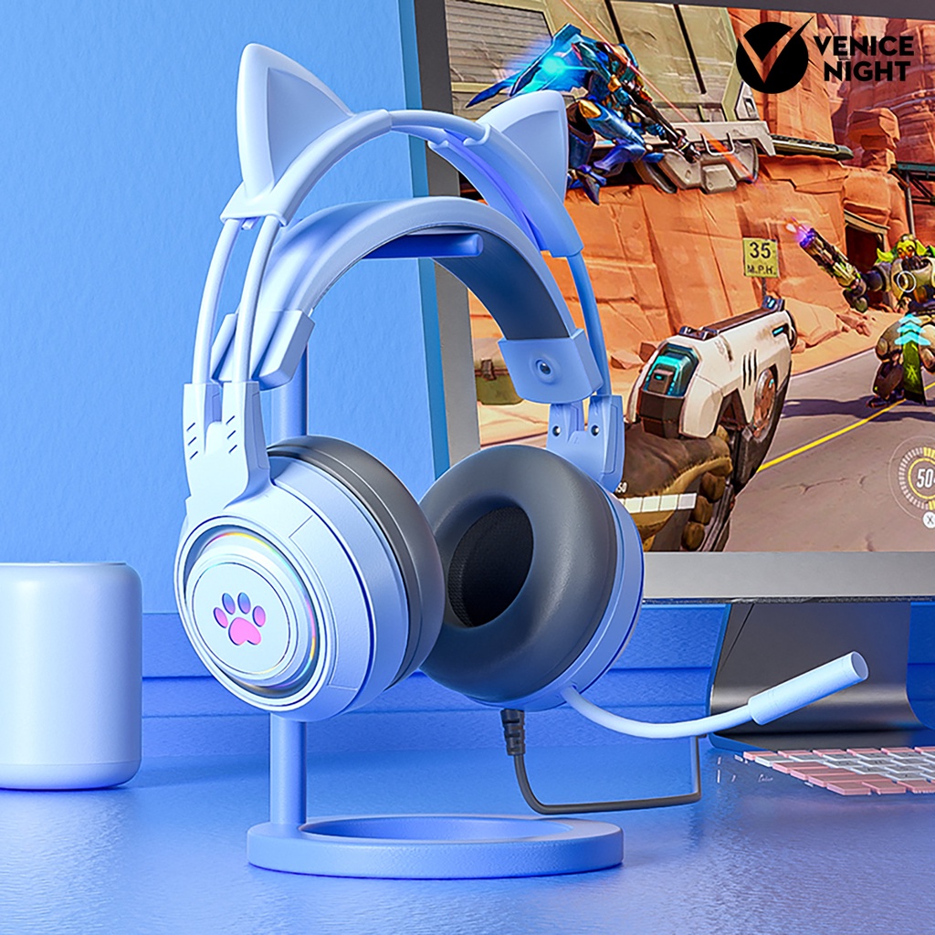 (VNEP) (Berkabel) SY-G25 Headphone Pencahayaan RGB Omni-directional Mic Over-Ear Komputer Headphone dengan Cute Cat Ear untuk E-sport