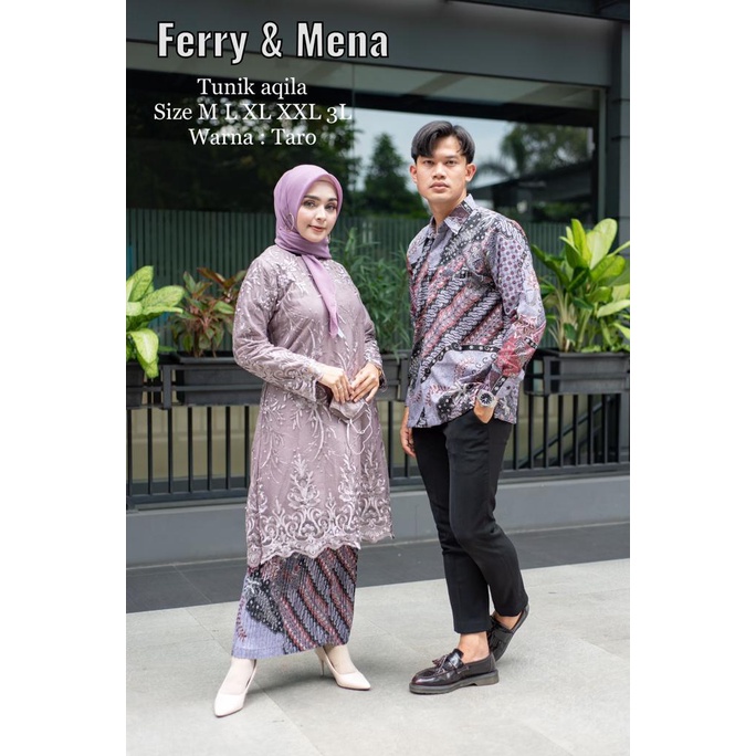 Baju Couple Pasangan set Kebaya Tunik Tulle Taro Hijau Sage batik pria Wisuda modern tunangan bali c