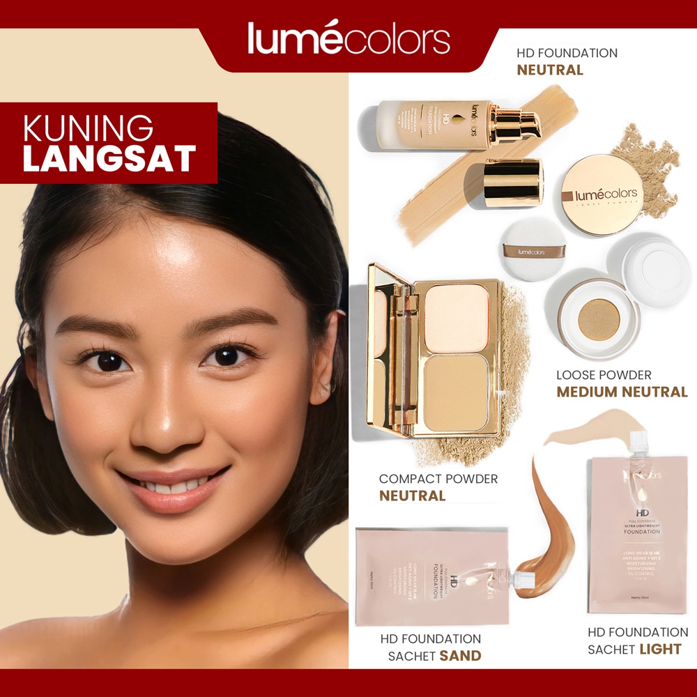 (Free Emas) Agen Resmi Lumecolors Paket Bundling Lengkap 5in1 Perfect Complexion Foundation + Compact Powder + Loose Powder + 2x Sachet untuk 5 tone wajah kulit BPOM Tahan Lama