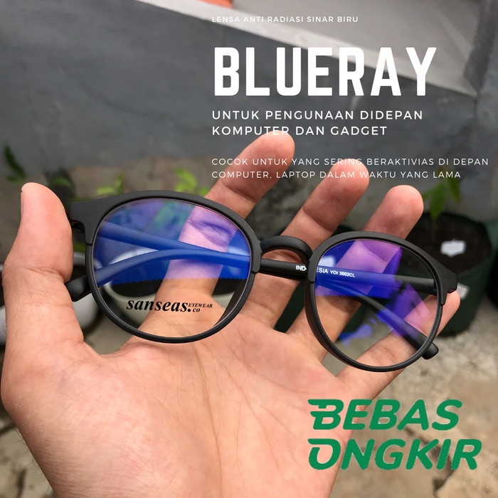 Kacamata Blueray Pria Bulat Oval Lensa Anti Radiasi Hitam Doff