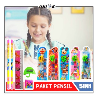 Set Alat Tulis Sekolah Karakter 5 In 1 / Mini Stationery Set Character / Paket Pensil Penggaris Penghapus Rautan Bergambar Kartun Peralatan Menulis Anak