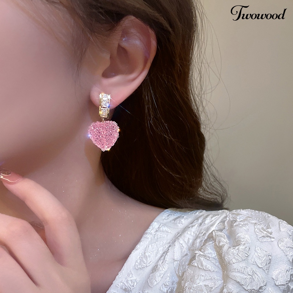 1 Pasang Anting Stud Liontin Geometris Kubik Zirkonia Anti Pudar Warna Pink Fudge Love Untuk Wanita