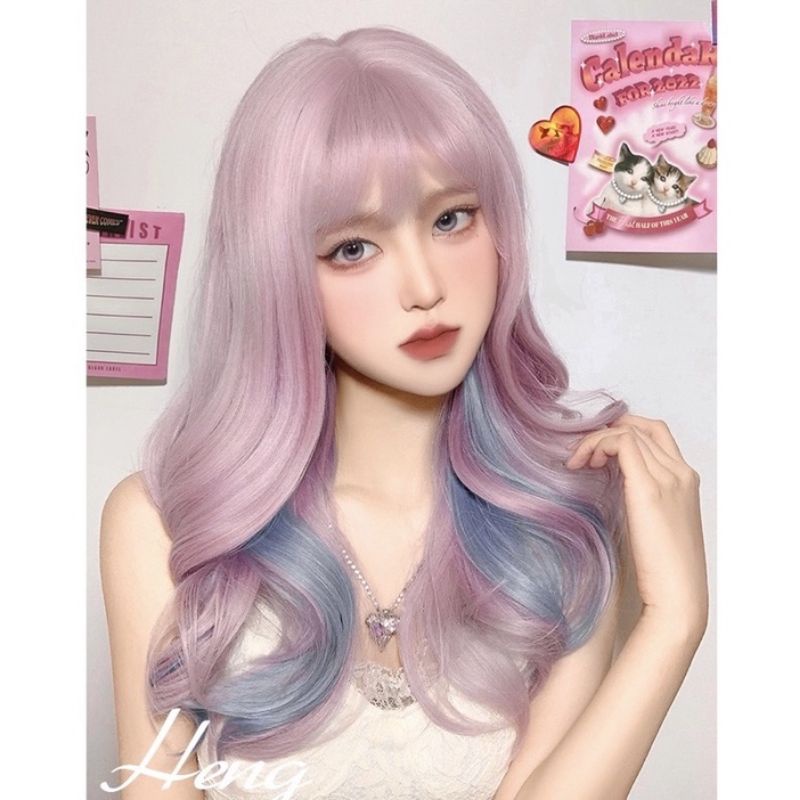 WIG RAMBUT PALSU WANITA CURLY PONI PANJANG BERGELOMBANG IKAL WARNA GRADASI UNGU HIGHLIGHT BIRU PASTE