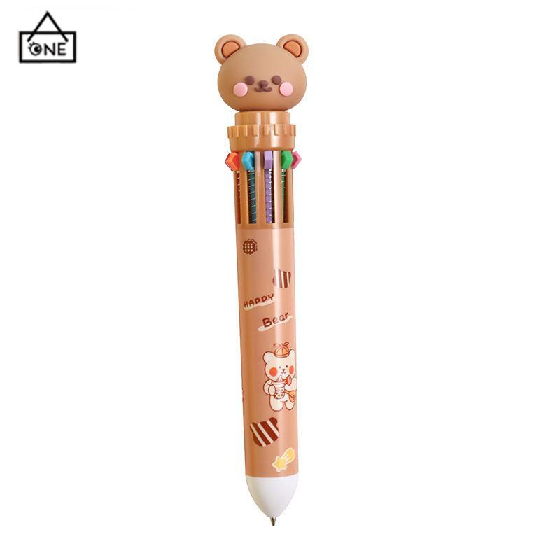 COD❤️1pc Pulpen Mekanik 10 Warna Warni Rectractable Pen Color Motif Kartun Lucu Bear Grid Kotak Aesthetic Bolpoin Alat Tulis Sekolah-A.one