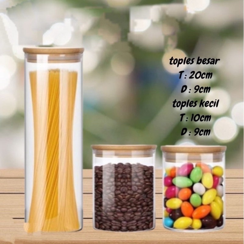 Toples Bumbu Kaca Tutup Kayu Toples Kue 3 Set Kaca Sealed Tank / Tempat Cemilan Tutup Kayu