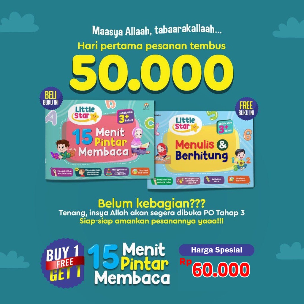 Buku Little Star 15 Menit  Pintar Membaca + Bonus Buku Menulis dan Berhitung