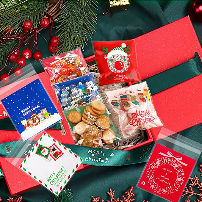 100pcs Kantong Permen / Kue / Biskuit / Snack Motif Natal Dengan Perekat Navidad