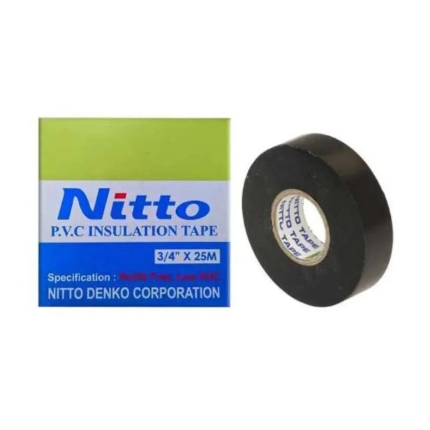 NITTO ISOLASI LISTRIK ORIGINAL Tape Hitam PVC kabel nito 3/4&quot; 25M ASLI / ISOLASI NITTO / ISOLASI KABEL NITTO 3/4&quot; X 25M