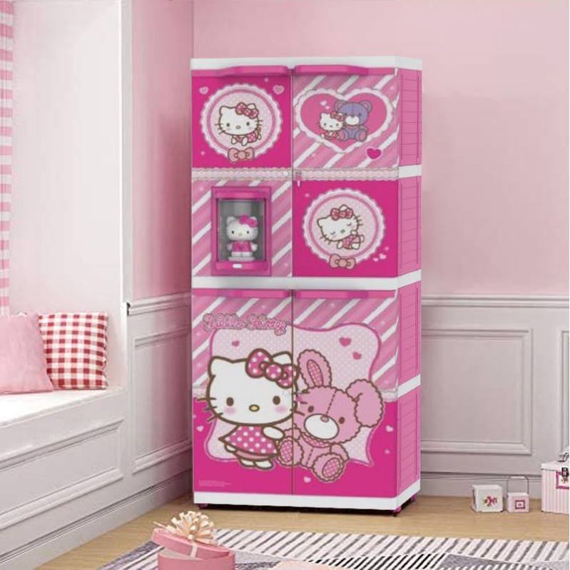 NAIBA - Lemari pakaian plastik 4 pintu, Printing Hello Kitty & Doraemon, Boneka 3D timbul,