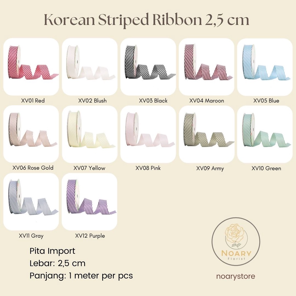 Korean Striped Ribbon 2.5 CM / Pita Satin / Ribbon / Pita Import / Pita Bunga / Pita Kado / Pita Chiffon / Pita Termurah / Flower Ribbon / Florist Ribbon / Pita / Pita Grosir / Pita Besar Kecil Medium / Satin / OPP / Pita Tarik / Florist supply