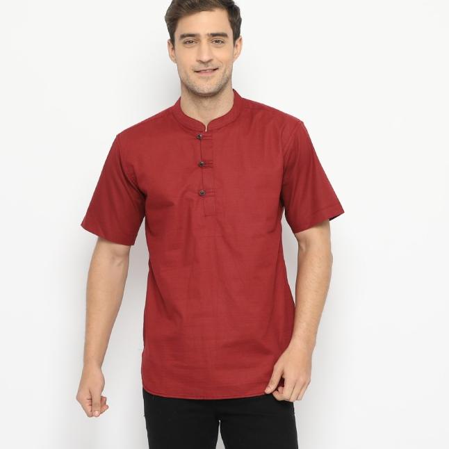 kemeja pria maroon merah kerah shanghai koko + slimfit + baju kerja - Maroon, M