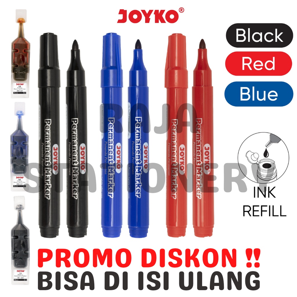 

JOYKO PERMANENT MARKER REFILLABLE / SPIDOL PERMANEN JOYKO HITAM BIRU MERAH TINTA BISA DI ISI ULANG