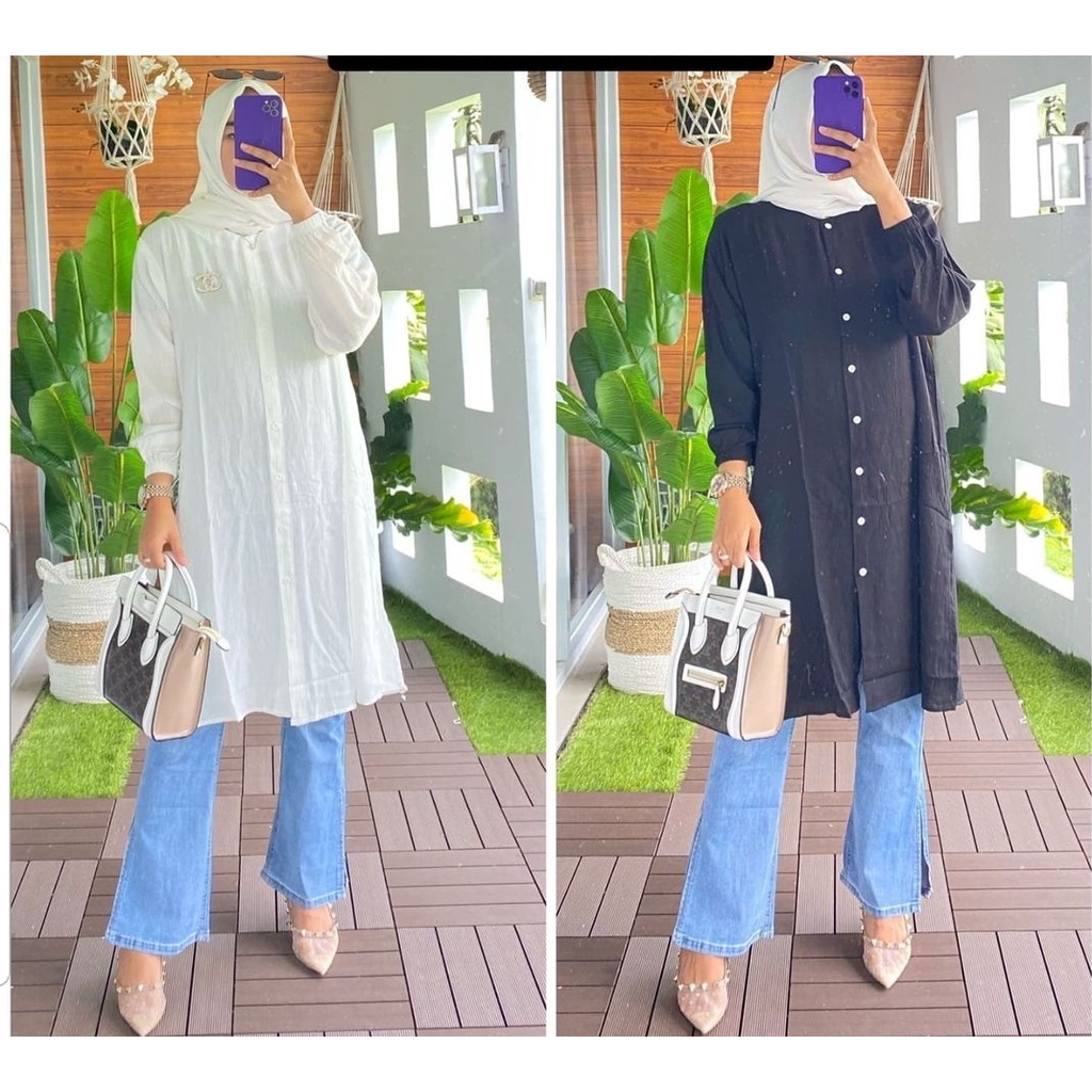 tunik putih polos katun rayon crinkle long tunik hitam dan putih