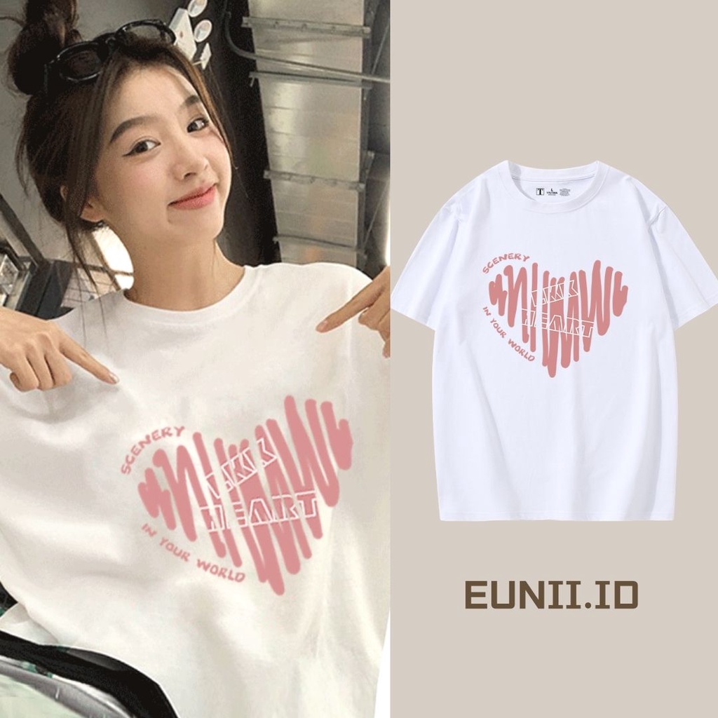 EUNII T-shirt Lengan Pendek Cartoon Graffiti Love Heart Korean Style/Kaos Atasan Wanita/Baju Kaus Oversize Wanita