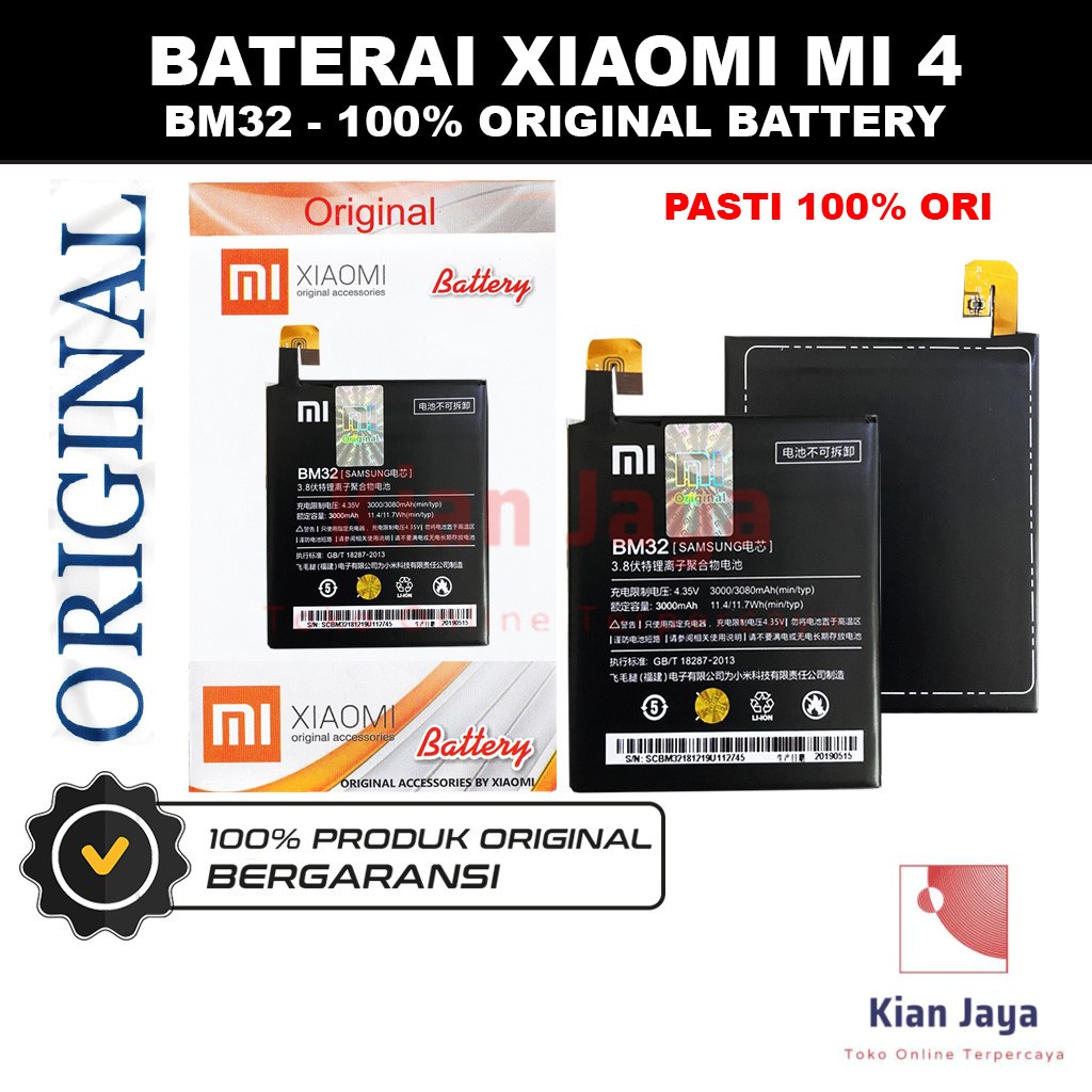 [Garansi 100% Ori] Baterai Xiaomi Mi 4 / BM32 Batre Batrai Battery Hp Mi4 BM 32 Original