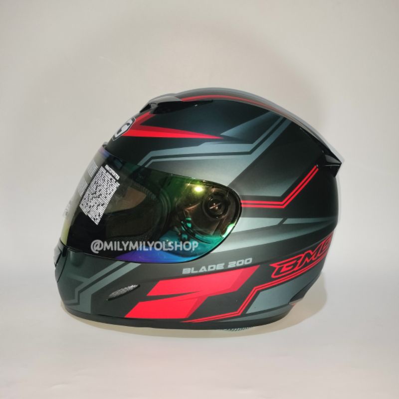 Helm BMC Blade 200 #9 Black Doff Red Full Face Bmc Blade Motif Visor Rainbow