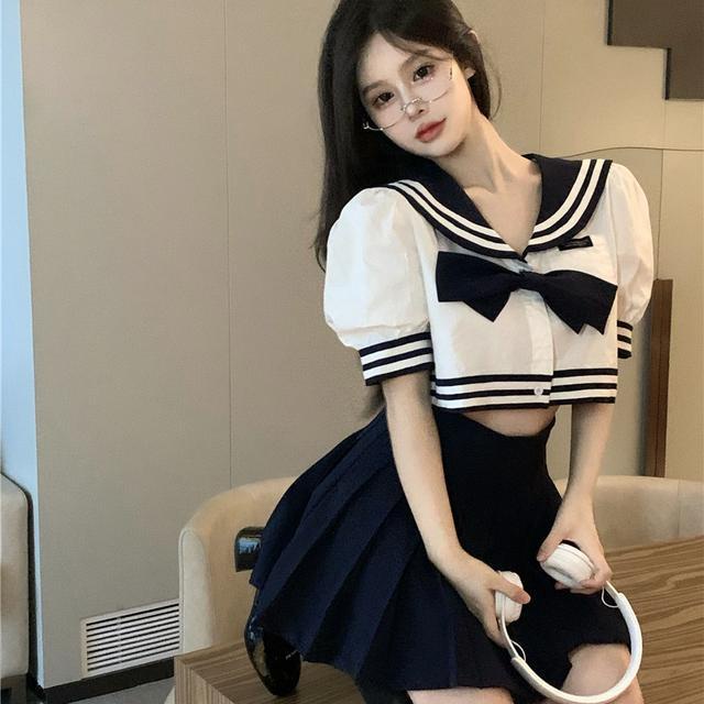 Red Gaya perguruan tinggi busur kemeja lengan pendek perempuan musim panas rok gadis seksi kemeja kerah angkatan laut yang chic setelan satu potong ramping