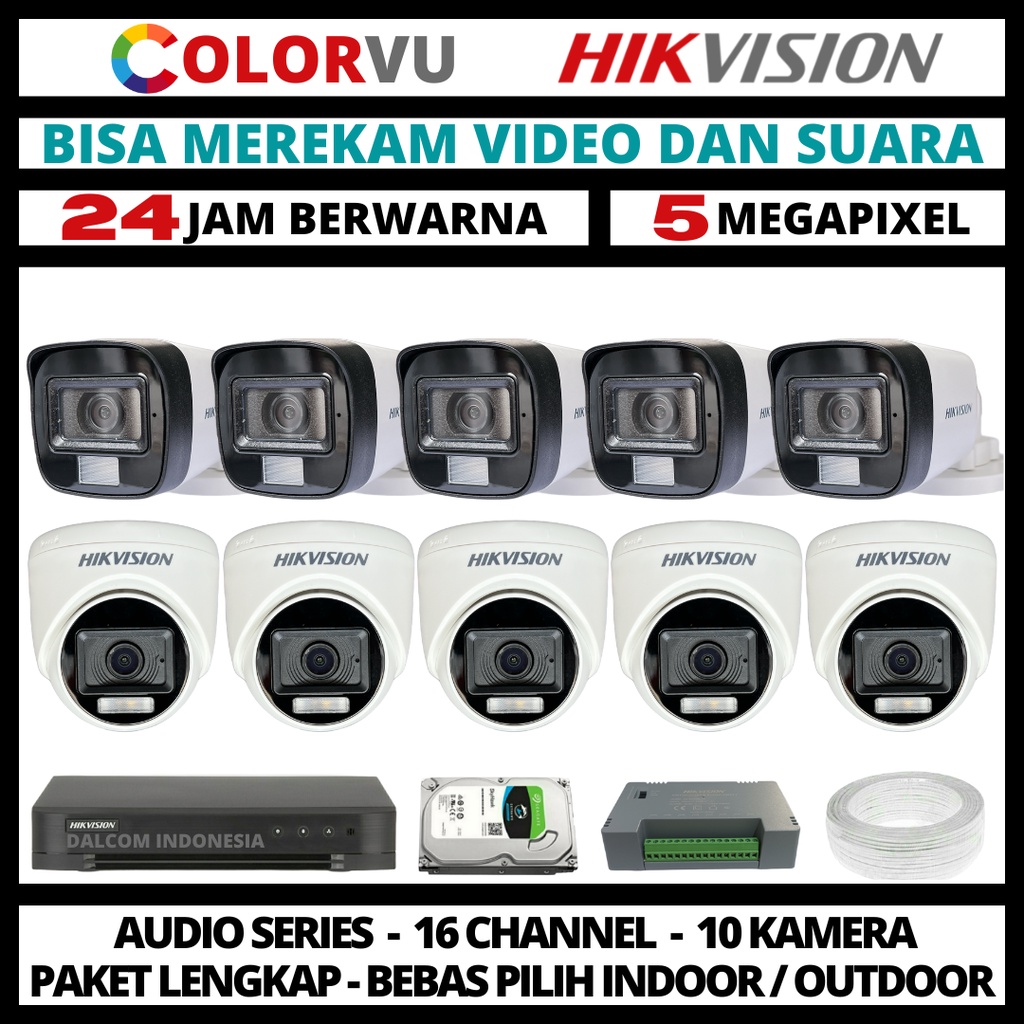 PAKET CCTV HIKVISION COLORVU 5MP 16 CHANNEL 10 KAMERA COLORFUL