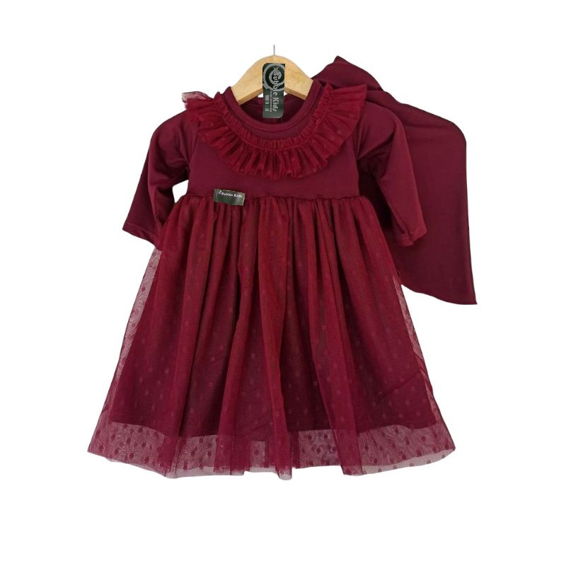 Gamis Hijab Bayi Renda Tutu Tile Dotti (0 - 4 tahun) Pakaian Muslim Anak Balita Perempuan Katun Polos Pesta maroon